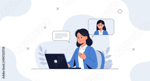 Woman in video call on laptop, online communication, remote work, business meeting