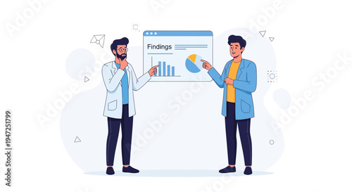 Two men presenting findings with charts and pie graph on a screen