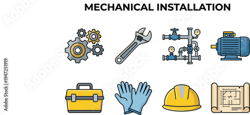 Mechanical installation tools and equipment set, industrial plumbing and engineering maintenance vector illustration collection