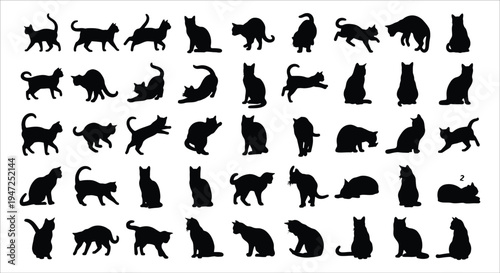 A collection of black cat silhouettes in various poses and positions