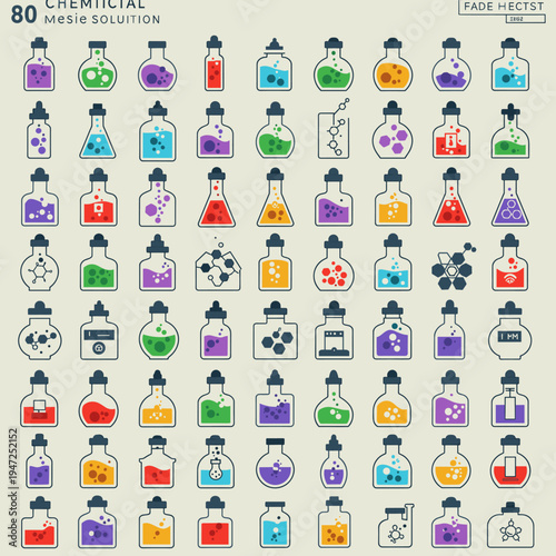 A large collection of various chemical flasks and beakers filled with colorful liquids and substances, presented in a grid format.