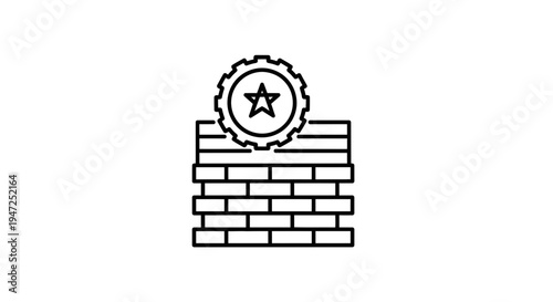 Brick Wall with Star Gear Icon: Security, Protection, Quality, and Achievement Symbol