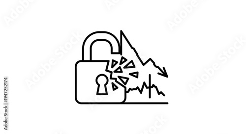 Broken Lock and Falling Graph: Security Breach, Data Loss, Financial Crisis Concept