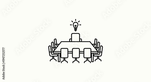 Brainstorming session with a bright idea lightbulb above a conference table and chairs