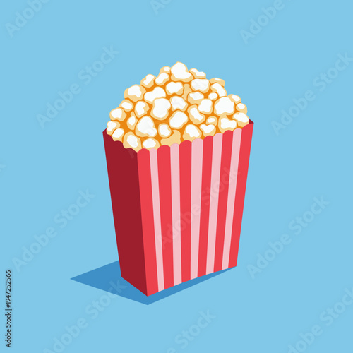 Illustration of a Classic Red and White Striped Popcorn Box Filled with Buttery Popcorn against a Simple Blue Background Highlighting Snack Time Tradition