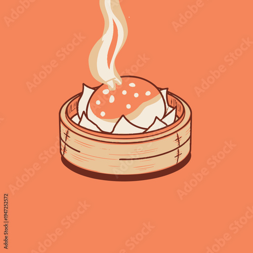 Illustration of a steaming hot pork bun inside a traditional bamboo steamer basket set against a vivid orange backdrop, emphasizing Asian culinary traditions