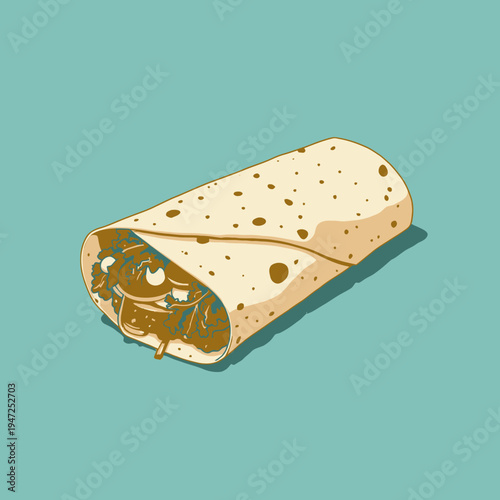 Illustration of a delicious, fresh wrap filled with colorful vegetables and grilled meat, neatly presented against a simple turquoise background