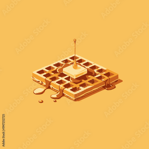 Golden Crisp Waffle with Melted Butter and Drizzled Syrup Against a Warm Yellow Background Evoking a Sense of Morning Breakfast Delight
