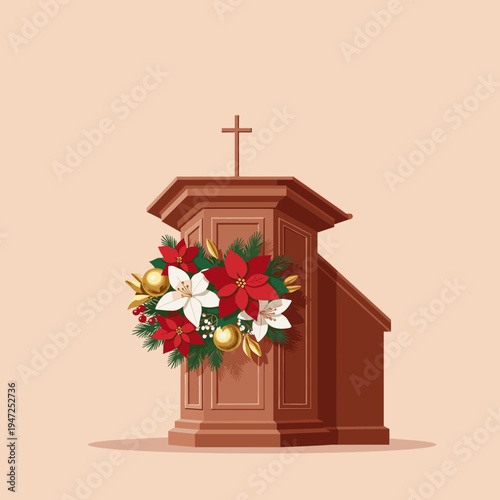 Festive wooden church pulpit adorned with red and white poinsettias, fir branches, and golden baubles, topped with a cross.