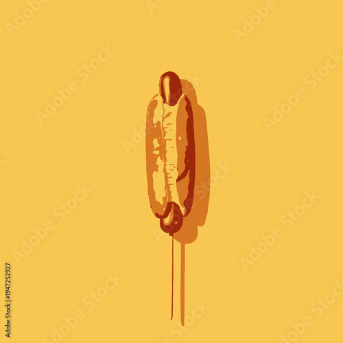 Artistic Presentation of a Classic Corn Dog with Rich Mustard on a Stick Against a Solid Yellow Background Highlighting Summer Snack Simplicity