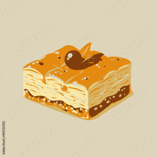 Delicious slice of creamy dessert cake topped with a cherry and mint leaves, featuring layers of indulgent sweetness and decorated with a delicate golden crust