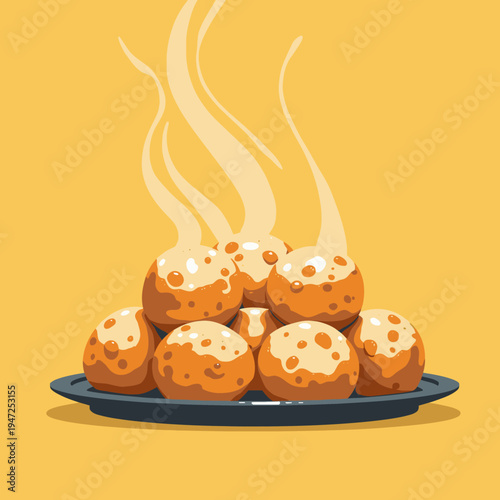 Illustration of a Steaming Plate of Delicious Cheese-Filled Dough Balls with Crispy Golden Brown Surface
