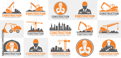 Construction Logo Set Vector – Builder, Crane, Engineer, Helmet, Industry, Repair Service Badge Collection