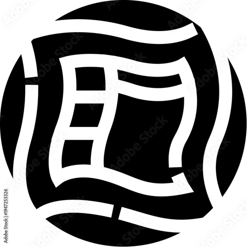 Circular icon featuring a folded newspaper page, symbolizing news, journalism, communication, and important current events, designed in a graphic black and white style