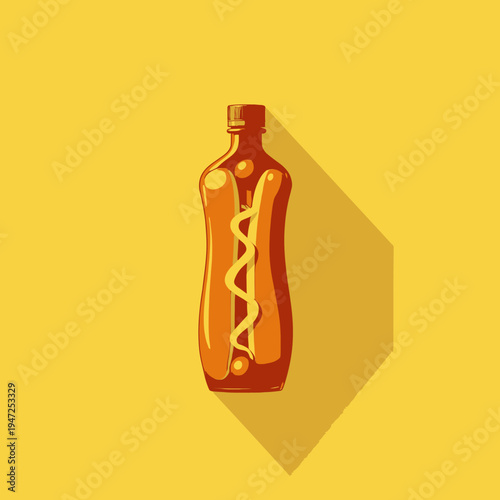 Creative Graphic Design of a Hot Dog with Mustard and Ketchup Bottled in a Transparent Container on a Yellow Background