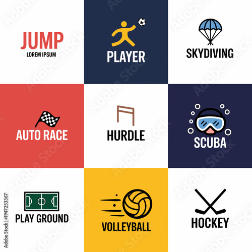Sports Icons Set Vector – Player, Skydiving, Auto Race, Hurdle, Scuba, Playground, Volleyball, Hockey Flat Icon Collection