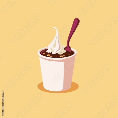 Illustration of a delicious soft serve ice cream swirled on top of a chocolate dessert in a cup with a vibrant spoon on a warm pastel background