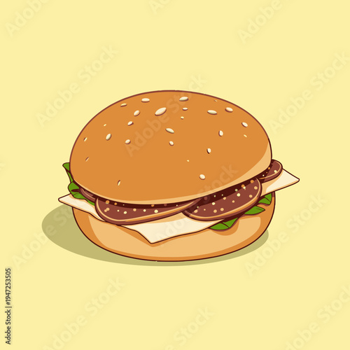 Illustration of a Classic Cheeseburger with a Juicy Patty, Crisp Lettuce, Fresh Tomato, and Melted Cheese in a Sesame Seed Bun on a Light Background