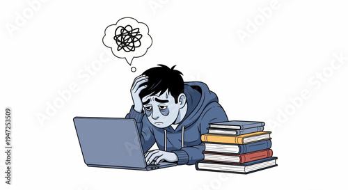 Stressed Young Man with Laptop Experiencing Brain Fog and Anxiety Illustration