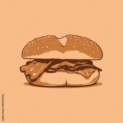 Delicious Cartoon-Style Burger with Crispy Bacon, Fresh Lettuce, and Sesame Seed Bun on a Soft Coral Background