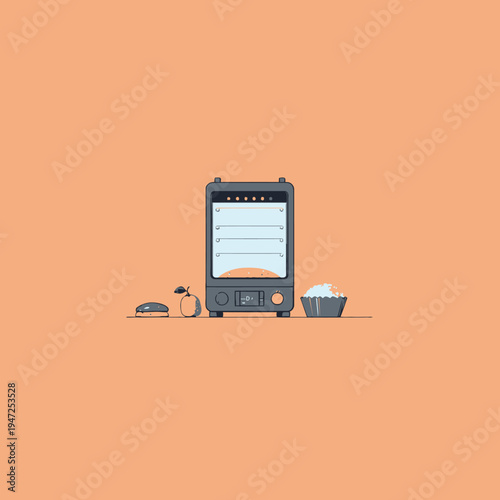 Illustration of a Modern Toaster Oven with Toast, Apple, and Muffin on a Soft Peach Background