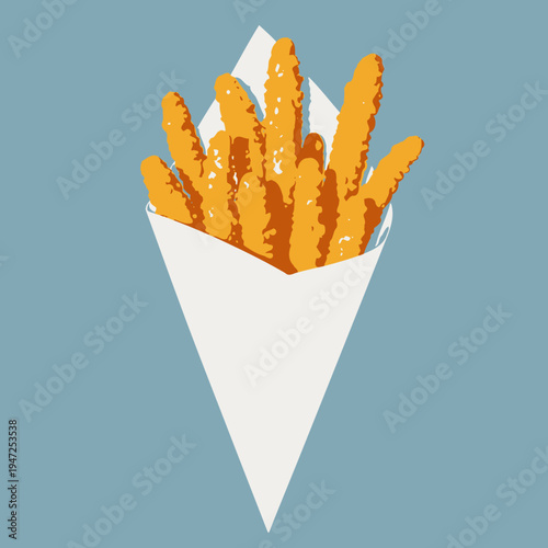Crispy golden French fries served in a white paper cone against a soft blue background, showcasing their appealing texture and inviting appearance for snacking