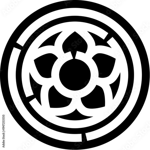 Intricate circular labyrinth featuring a stylized gothic window, combining elements of medieval architecture and a complex maze puzzle, symbolizing challenge and quest