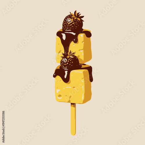 Tempting Dessert Skewer Featuring Juicy Strawberries and Creamy Cheese Cubes Drizzled with Dark Chocolate Sauce on a Wooden Stick