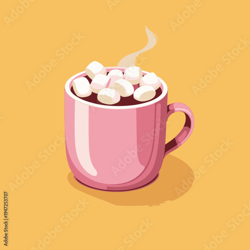 Steaming pink mug filled with rich hot chocolate topped with fluffy mini marshmallows against a warm golden background, exuding a cozy and inviting atmosphere