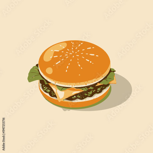 Illustration of a Classic Cheeseburger with Lettuce, Beef Patty, and Cheese on a Soft Sesame Seed Bun Against a Light Background