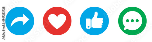 Like Share Comment Love Icon Set, social, media, reaction, notification, vector, thumb, up, heart, comment, repost, share, button, interface, ui, web, app, engagement, symbol, digital