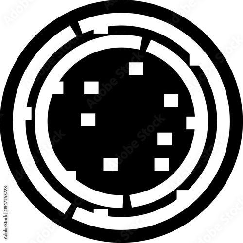 Circular icon featuring a pixelated core surrounded by broken rings, creating a fragmented digital technology interface representing data processing and cyber security concepts