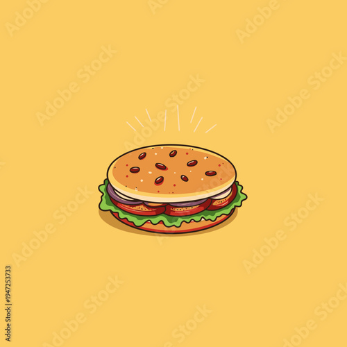 Illustration of a Delicious Hamburger with Lettuce, Tomato, and Sesame Seed Bun on a Solid Yellow Background