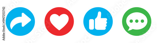 Like Share Comment Love Icons, social, media, notification, vector, set, thumb, up, heart, repost, button, interface, reaction, engagement, symbol, web, app, ui, communication, digital