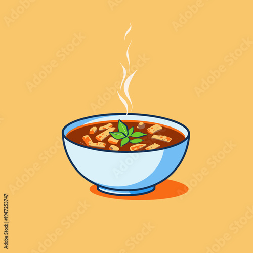 Illustration of a steaming bowl of tomato soup garnished with croutons and fresh basil leaves, subtly emphasizing warmth and flavor