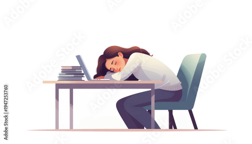 Woman sleeping at desk with laptop and books exhaustion