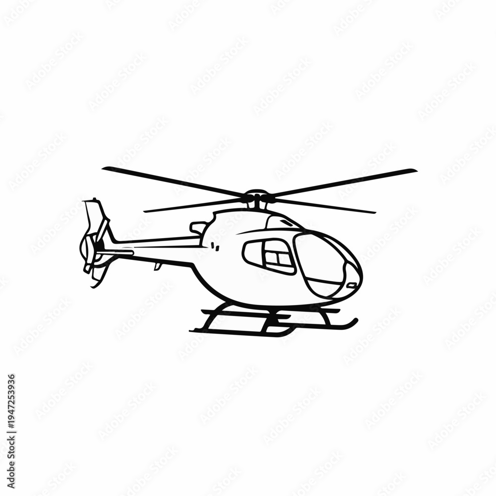 Fototapeta premium Single black outline helicopter vector illustration, isolated on a clean white background, ideal for transport, aviation, or emergency service design projects.