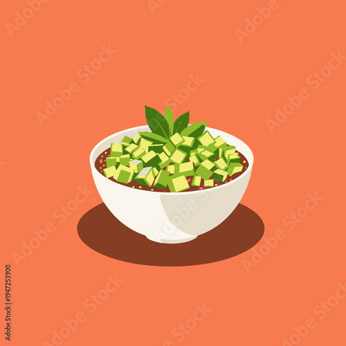 Illustration of a vibrant bowl of refreshing salsa topped with freshly diced avocado and green mint leaves on a warm orange background