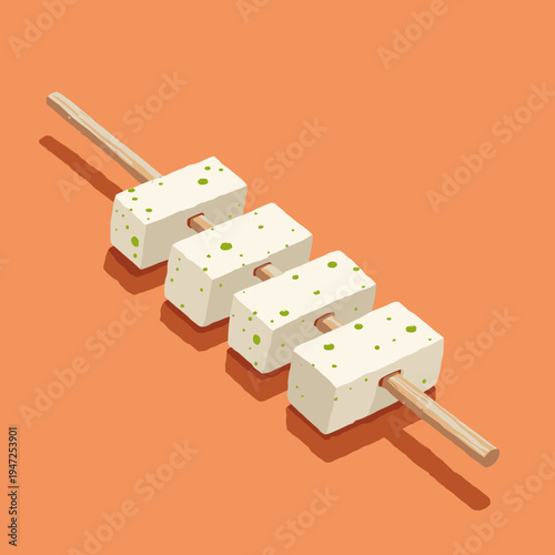 Illustration of tofu skewers on a peach background featuring four rectangular tofu blocks with green specks pierced through the middle by a wooden skewer.