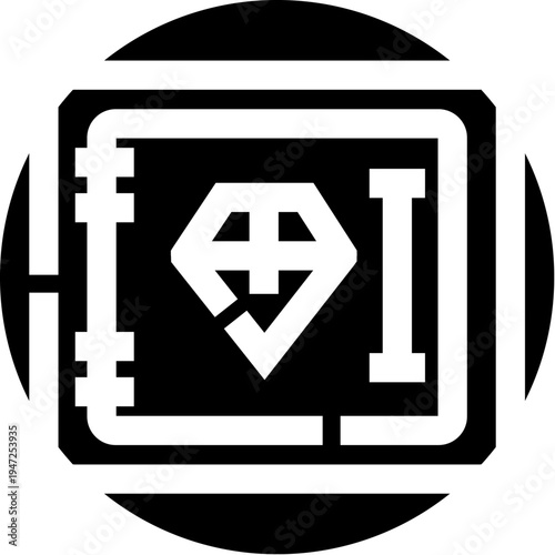 Secure safe deposit box icon cradling a brilliant diamond, conveying protection, value and premium quality in a minimalist black and white emblem for finance and luxury