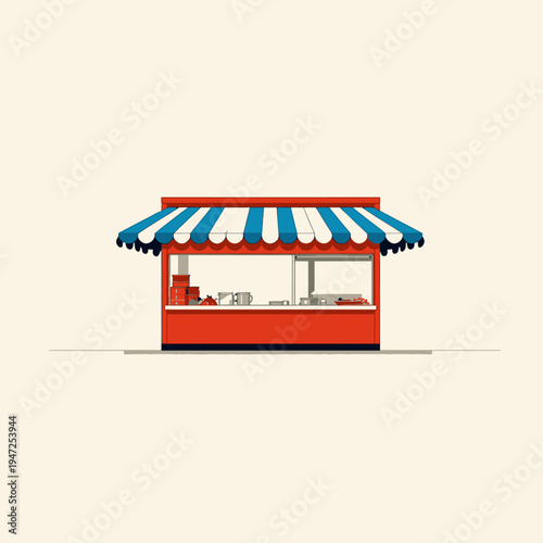 Illustration of a vibrant street food vendor stall with a striped canopy showcasing various fresh produce and packaged goods on display