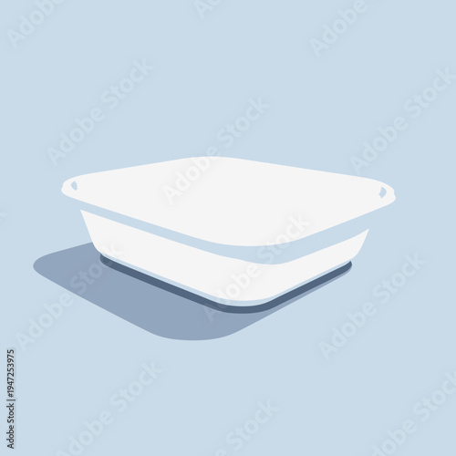 Illustration of a Simple White Plastic Container with Smooth Edges and a Reflective Shadow on a Light Blue Background