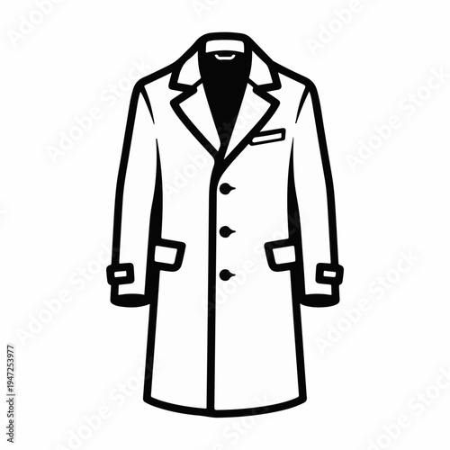 Classic Black and White Outline Vector Icon of a Men's Overcoat or Trench Coat, Ideal for Fashion, Apparel, and Business-Related Designs