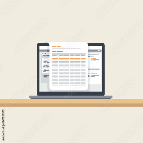 A flat design illustration showing a laptop displaying a detailed data report or spreadsheet on a wooden desk.