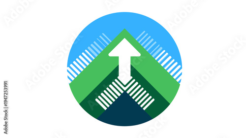 Circular emblem design featuring a white arrow pointing upwards, against a mountain-like backdrop