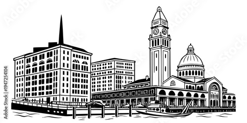 USA, US, U.S, United States - Boston harbor skyline minimalist black and white historic architecture poster 