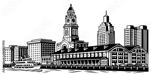 USA, US, U.S, United States - Boston harbor skyline minimalist black and white historic architecture poster 