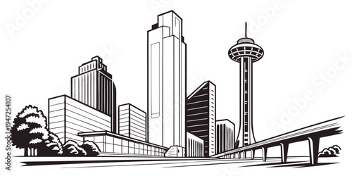 USA, US, U.S, United States - Dallas modern skyscraper skyline black and white minimalist poster