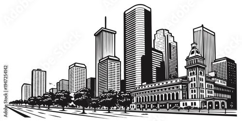 USA, US, U.S, United States - Houston downtown skyline high contrast monochrome architecture panorama
