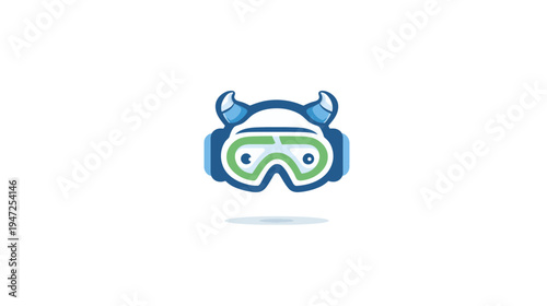 A stylized cartoon character with goggles and horns, set against a clean white background
